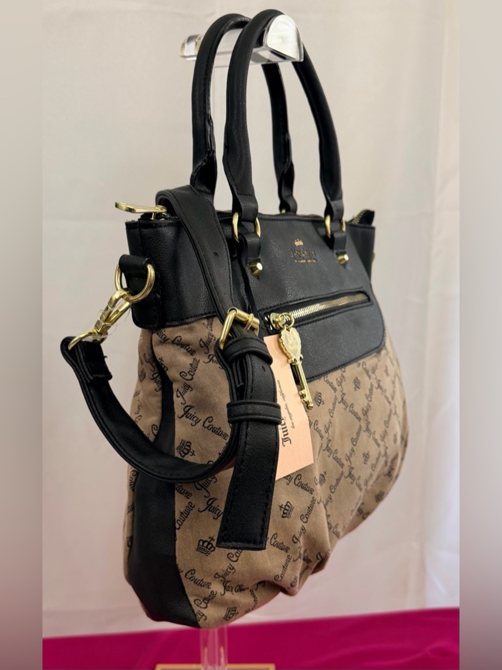 Juicy Couture Black and Tan Monogram Crossbody/Satchel/Tote with Key Charm NWT - Picture 4 of 15